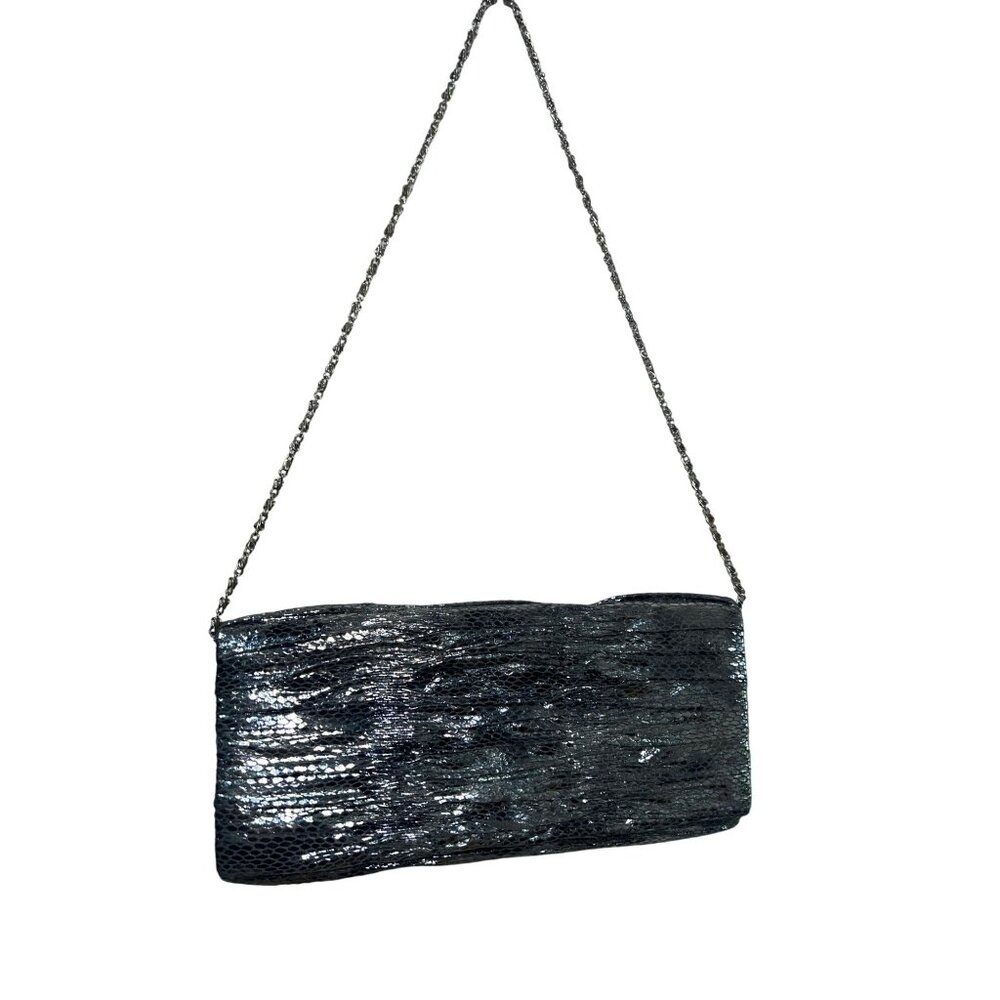 New Jessica McClintock Black Silver Glittery Evening Clutch Bag W/ Chain Strap S